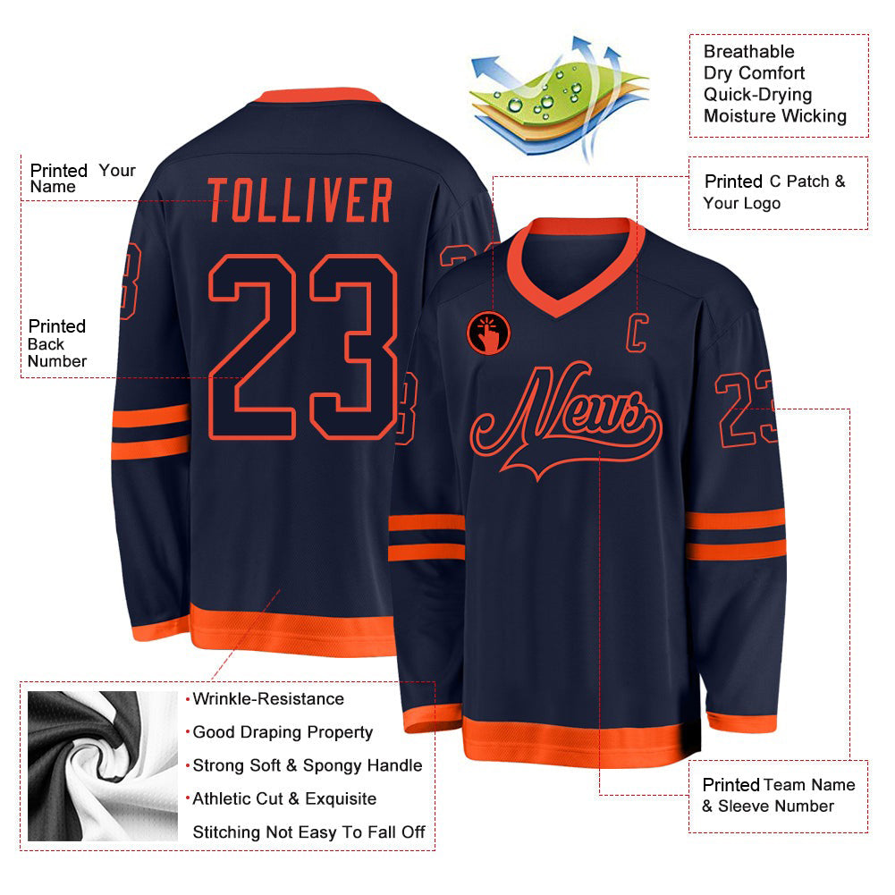 Custom Navy Navy-Orange V Neck Hockey Jersey For Men & Women