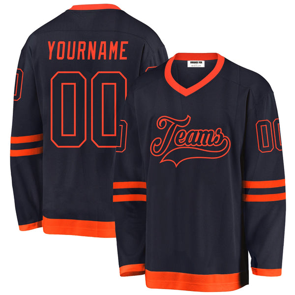 Custom Navy Navy-Orange V Neck Hockey Jersey For Men & Women