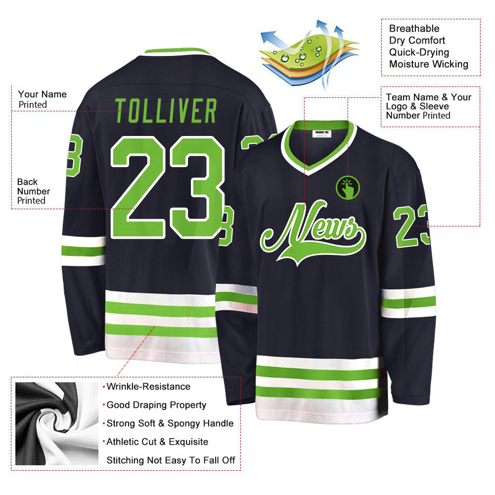 Custom Navy Neon Green-White V Neck Hockey Jersey For Men & Women