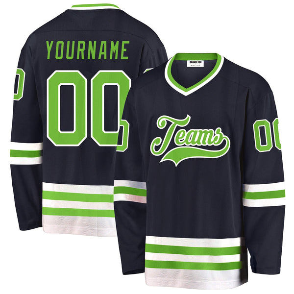 Custom Navy Neon Green-White V Neck Hockey Jersey For Men & Women