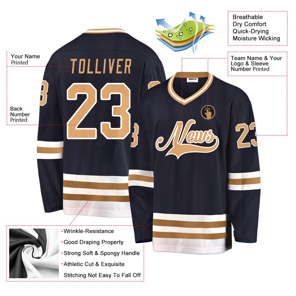 Custom Navy Old Gold-White V Neck Hockey Jersey For Men & Women