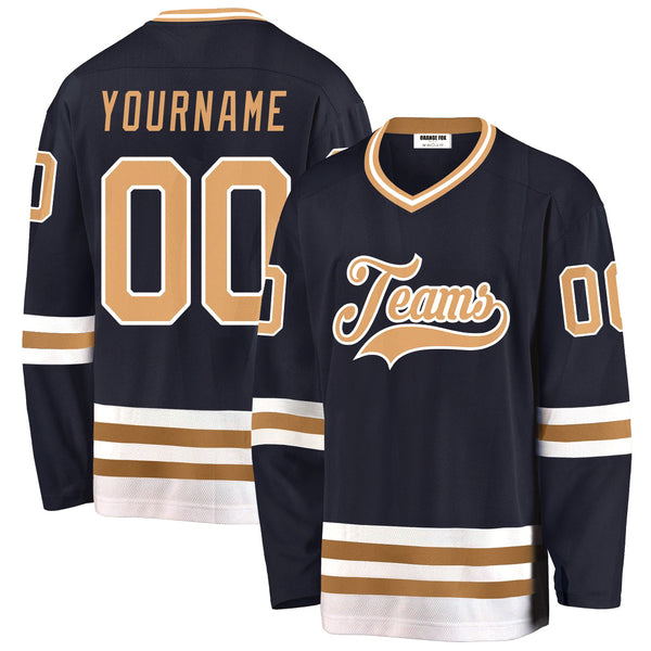 Custom Navy Old Gold-White V Neck Hockey Jersey For Men & Women