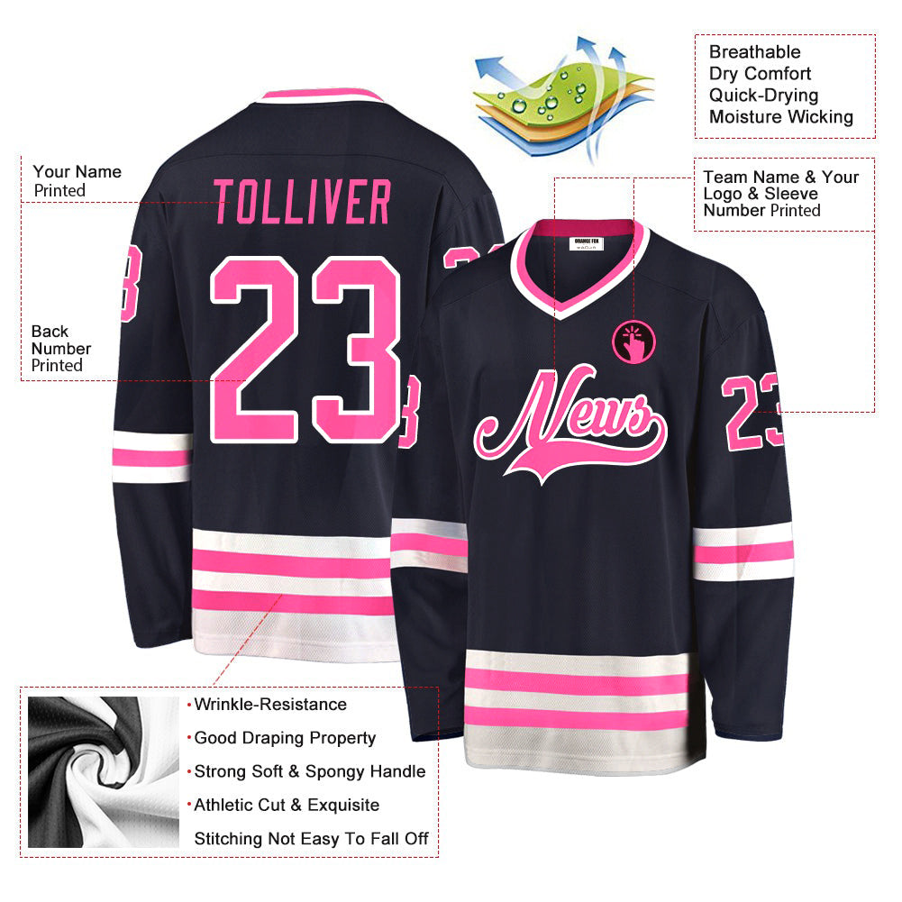 Custom Navy Pink-White V Neck Hockey Jersey For Men & Women