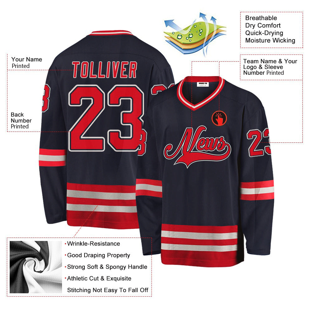 Custom Navy Red-Gray V Neck Hockey Jersey For Men & Women