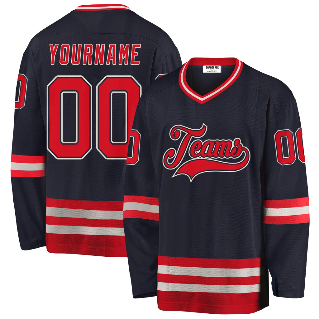 Custom Navy Red-Gray V Neck Hockey Jersey For Men & Women