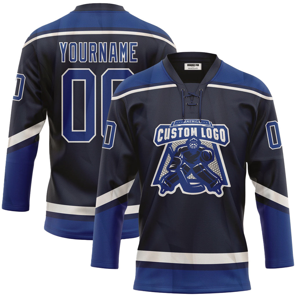 Custom Navy Royal-White Neck Hockey Jersey For Men & Women