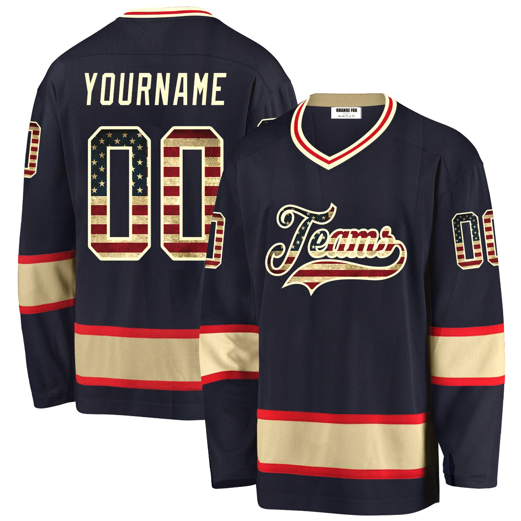 Custom Navy Vintage USA Flag-Cream V Neck Hockey Jersey For Men & Women