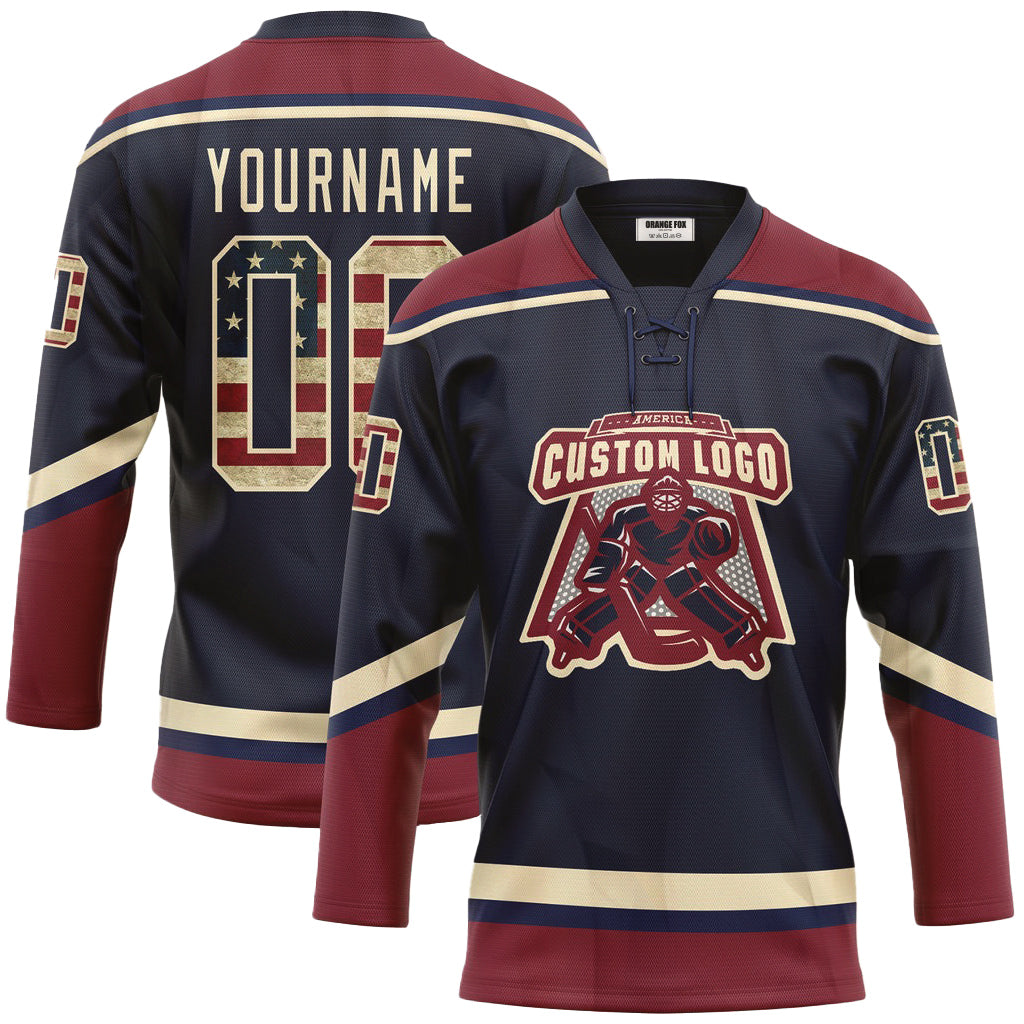 Custom Navy Vintage USA Flag Crimson-Cream Neck Hockey Jersey For Men & Women