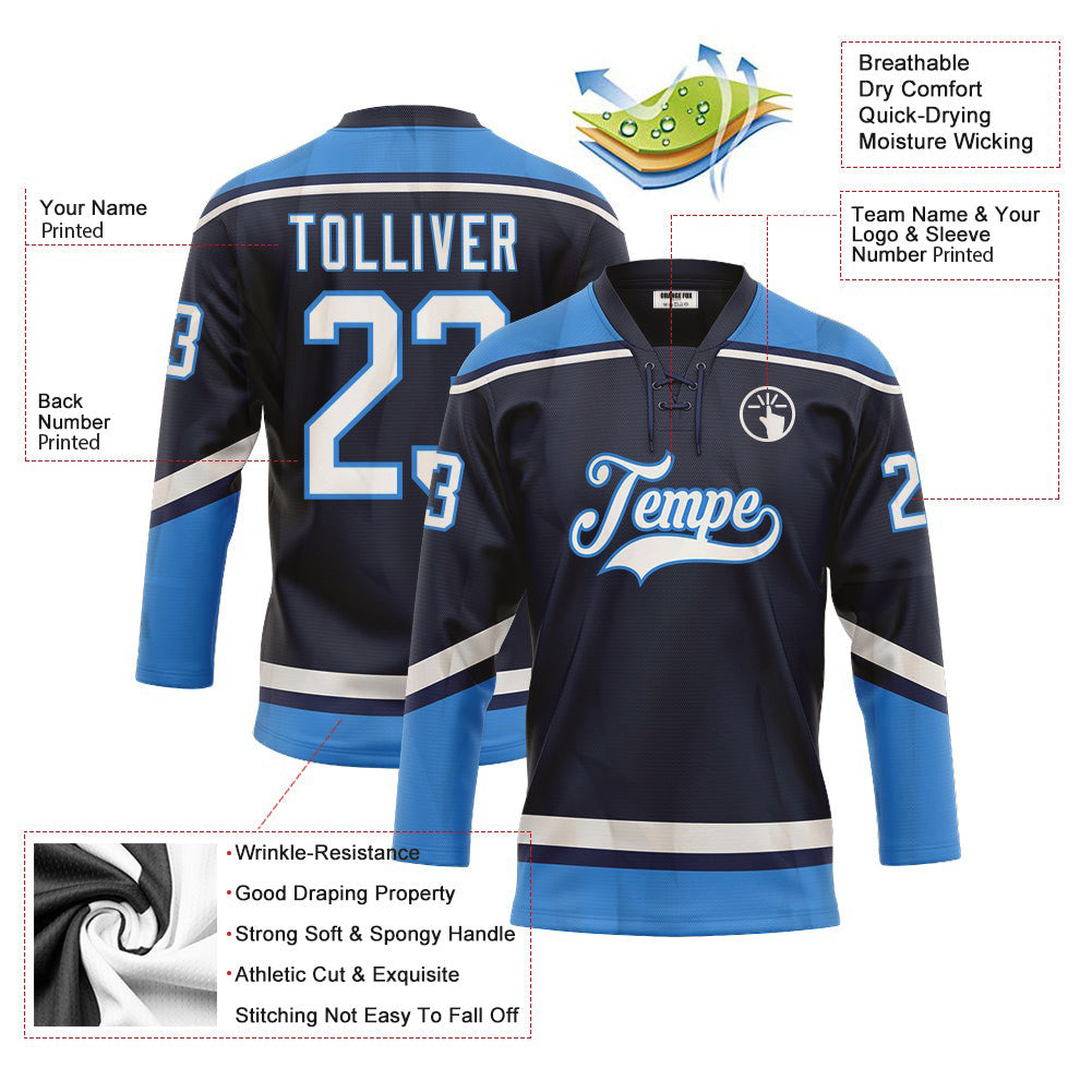 Custom Navy White-Electric Blue Neck Hockey Jersey For Men & Women