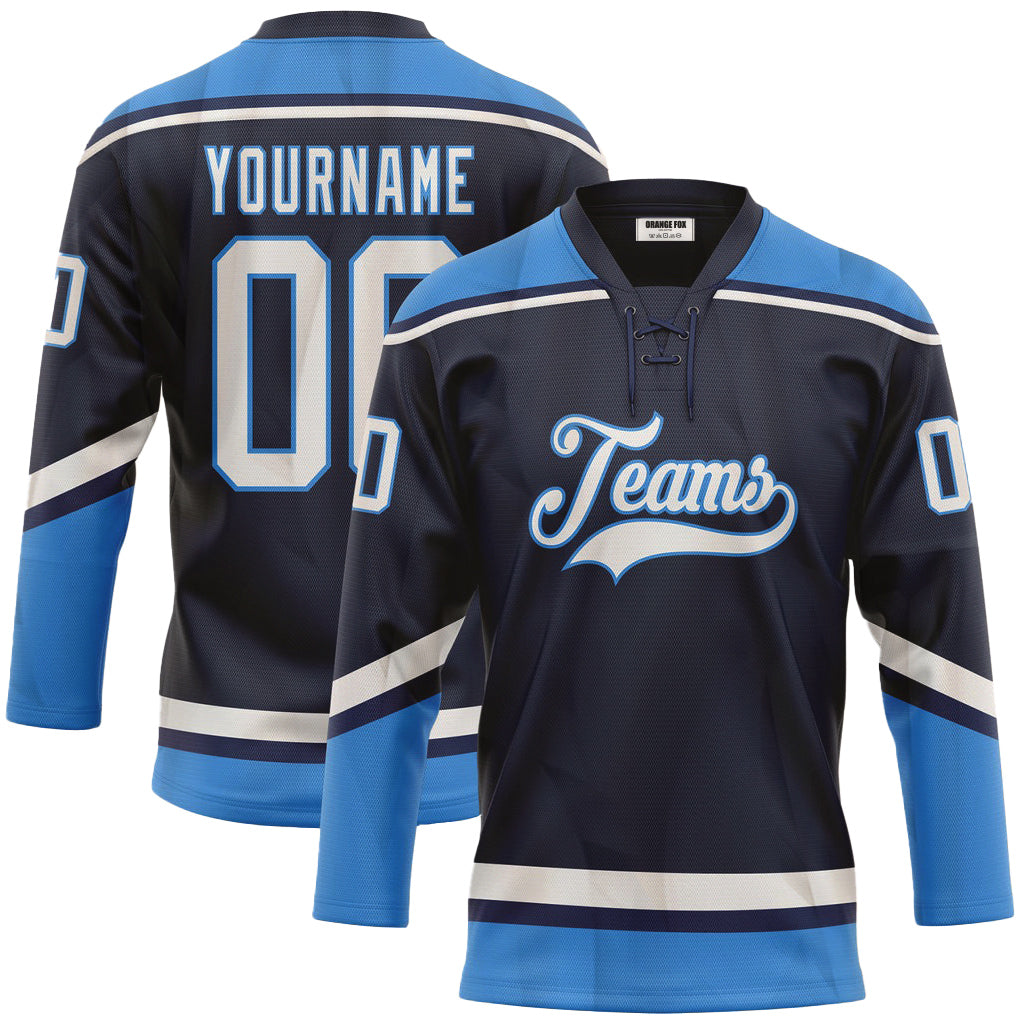 Custom Navy White-Electric Blue Neck Hockey Jersey For Men & Women