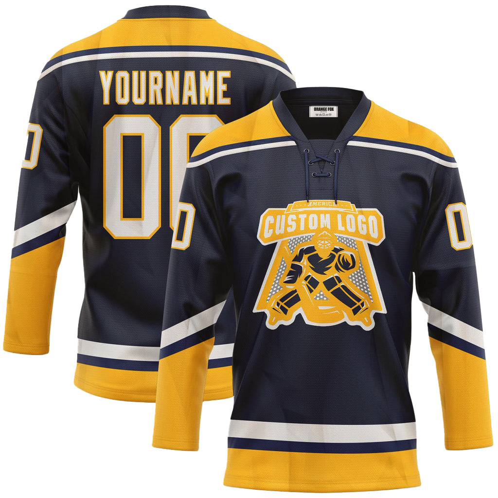 Custom Navy White-Gold Neck Hockey Jersey For Men & Women