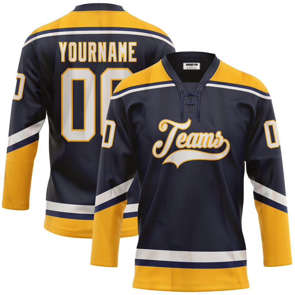 Custom Navy White-Gold Neck Hockey Jersey For Men & Women