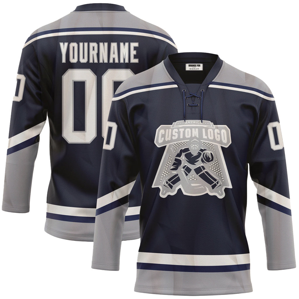 Custom Navy White-Gray Neck Hockey Jersey For Men & Women