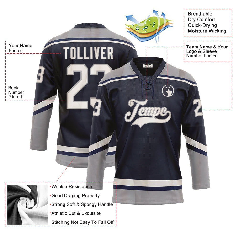 Custom Navy White-Gray Neck Hockey Jersey For Men & Women