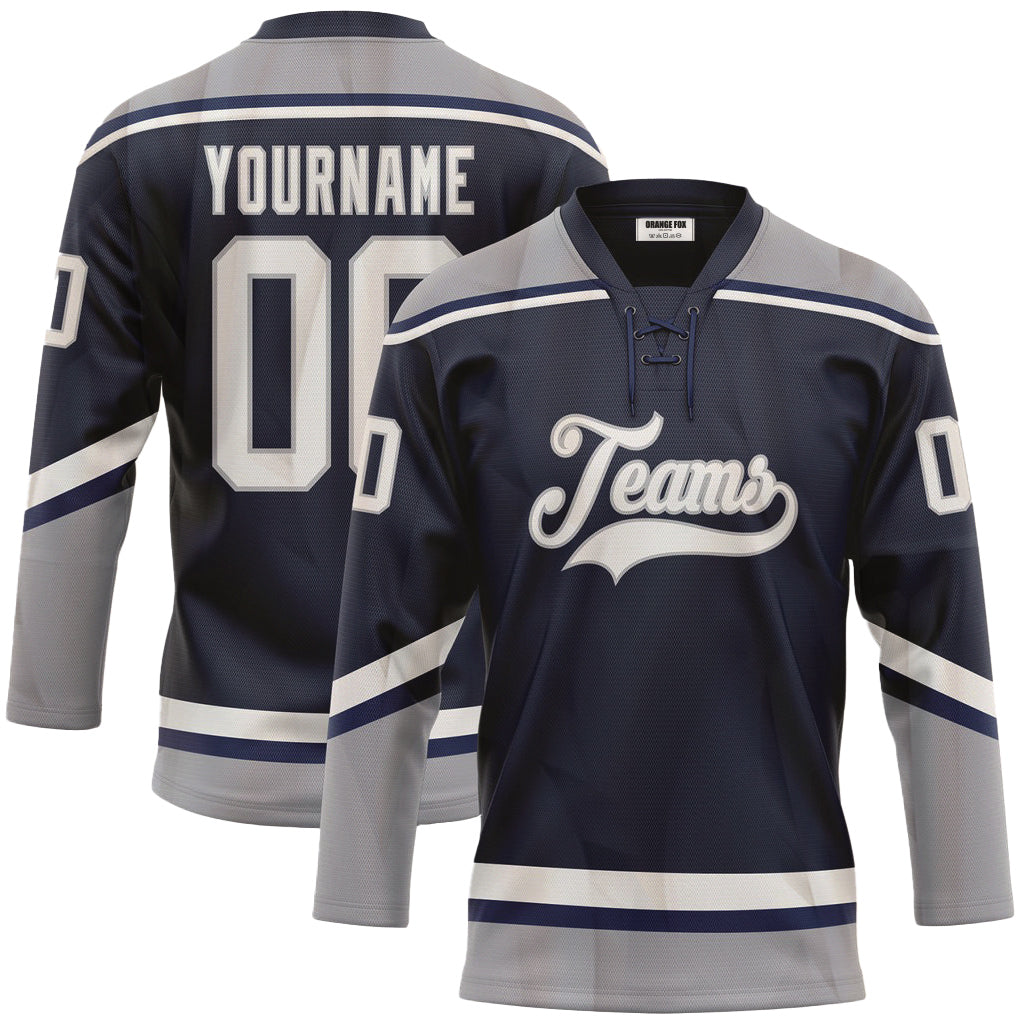 Custom Navy White-Gray Neck Hockey Jersey For Men & Women