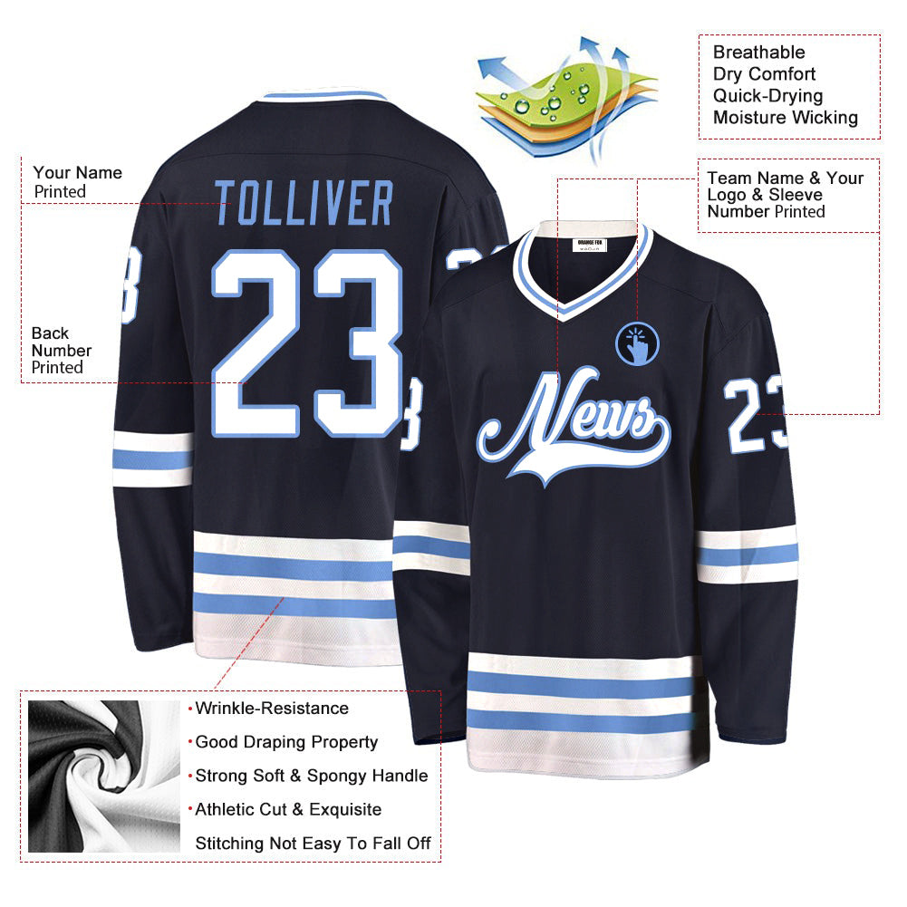 Custom Navy White-Light Blue V Neck Hockey Jersey For Men & Women