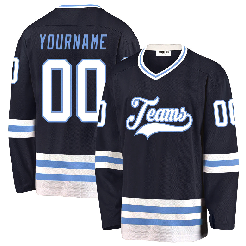 Custom Navy White-Light Blue V Neck Hockey Jersey For Men & Women