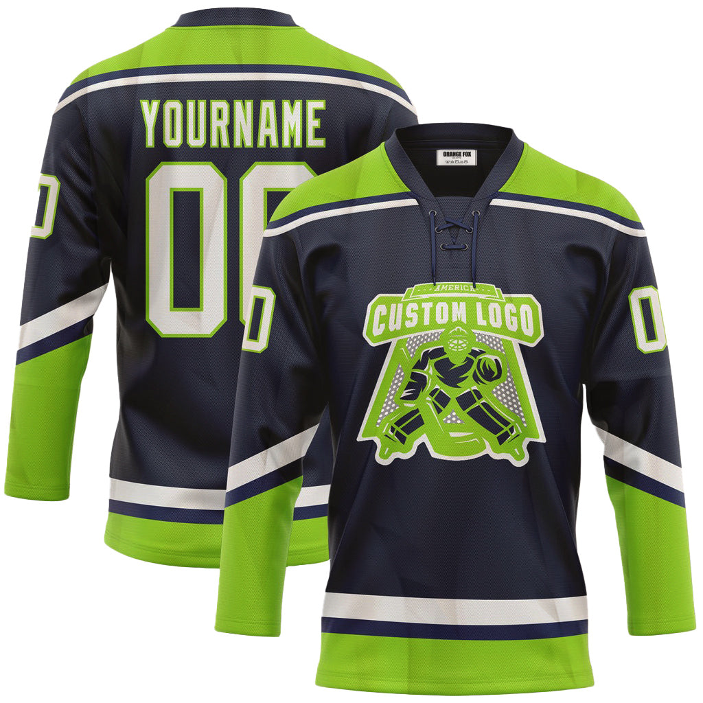 Custom Navy White-Neon Green Neck Hockey Jersey For Men & Women