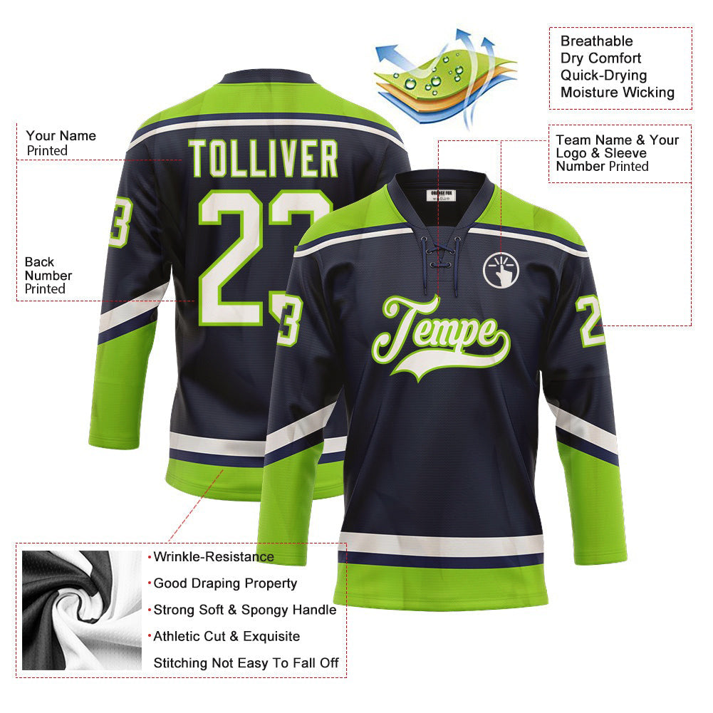 Custom Navy White-Neon Green Neck Hockey Jersey For Men & Women