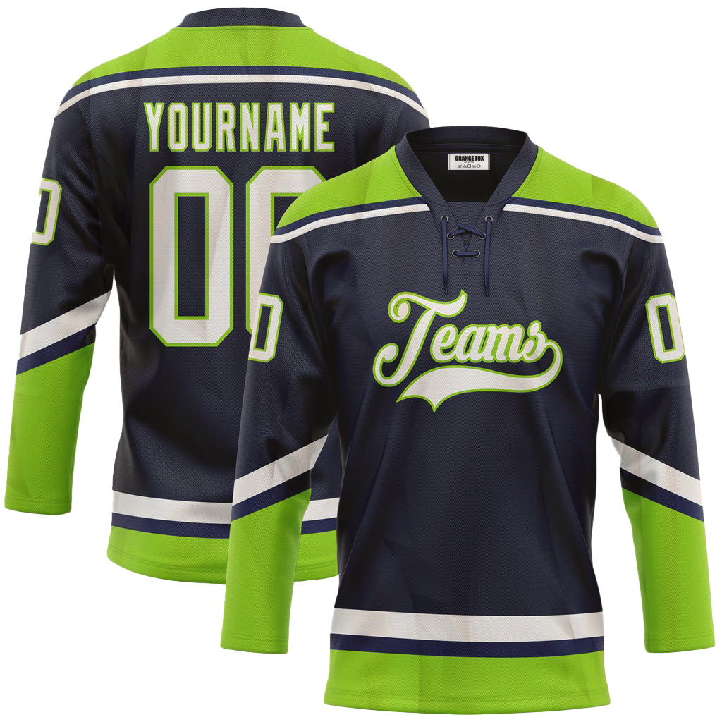 Custom Navy White-Neon Green Neck Hockey Jersey For Men & Women