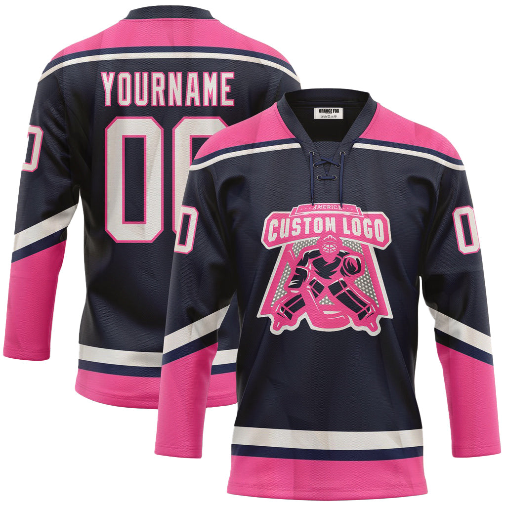 Custom Navy White-Pink Neck Hockey Jersey For Men & Women