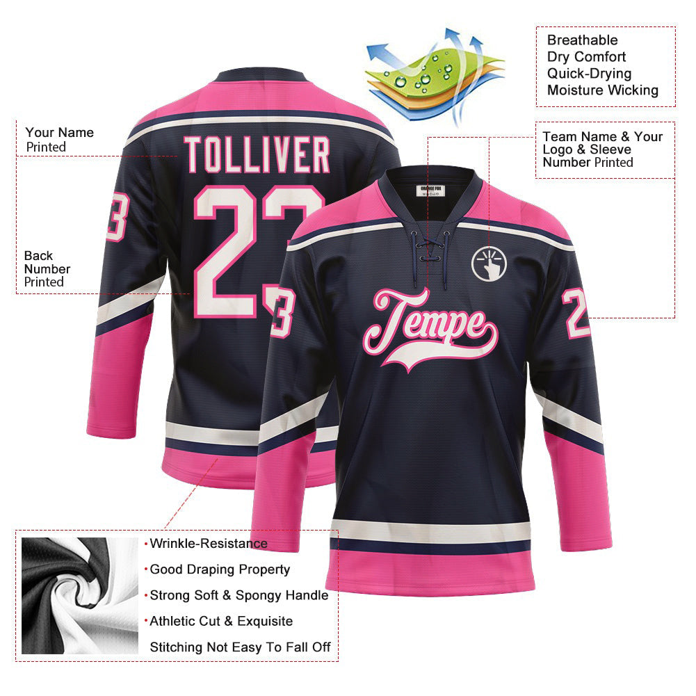 Custom Navy White-Pink Neck Hockey Jersey For Men & Women