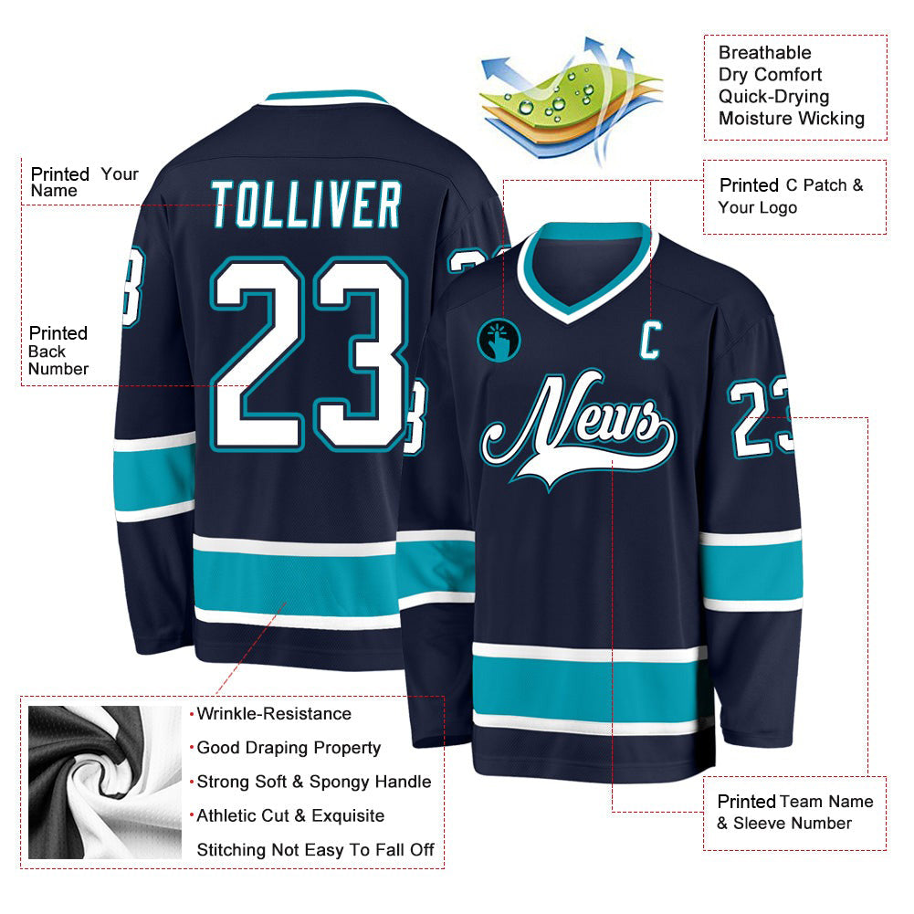 Custom Navy White-Teal  V Neck Hockey Jersey For Men & Women