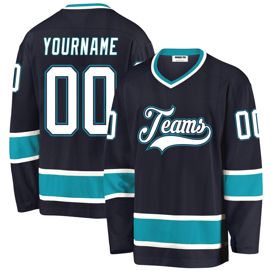 Custom Navy White-Teal  V Neck Hockey Jersey For Men & Women