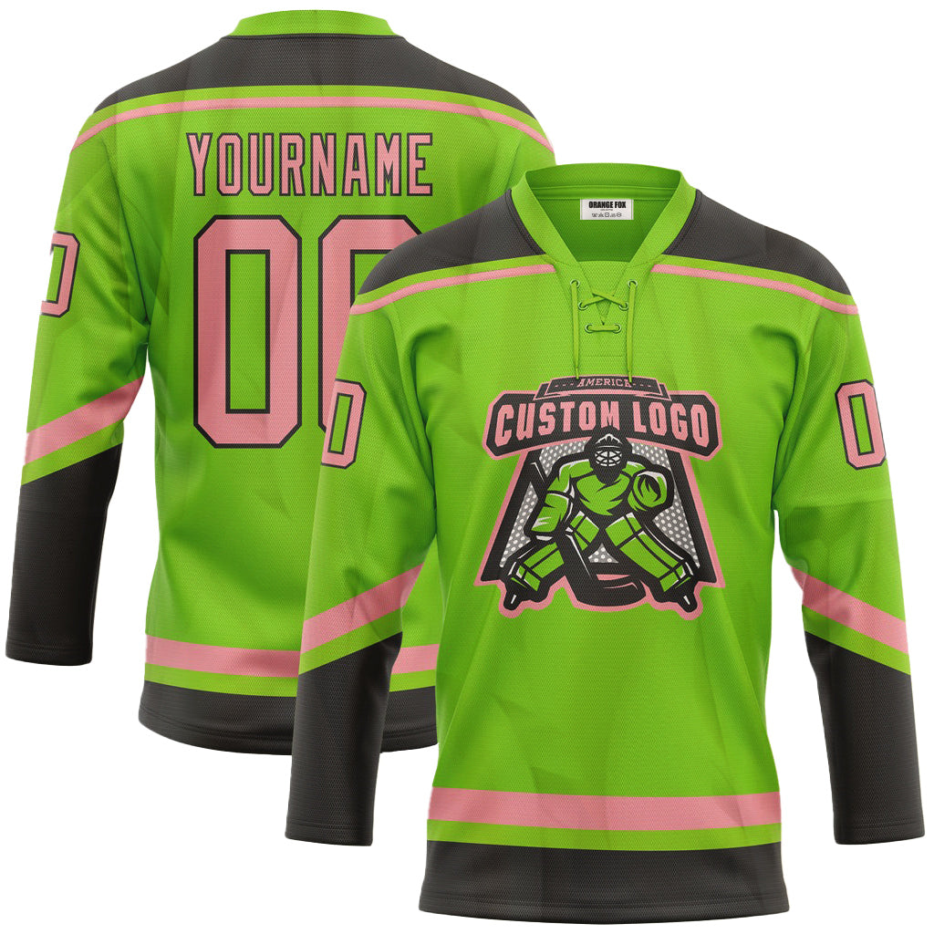 Custom Neon Green Medium Pink-Black Neck Hockey Jersey For Men & Women