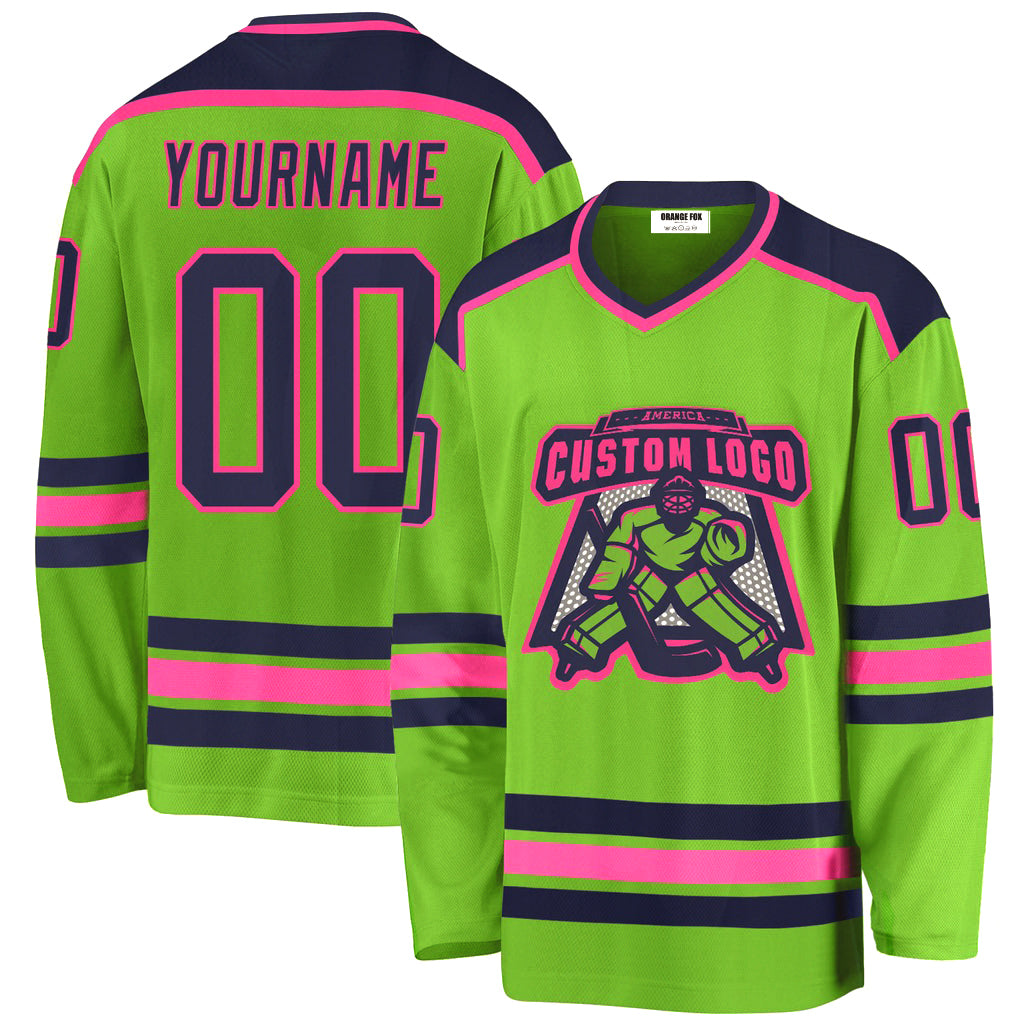 Custom Neon Green Navy-Pink V Neck Hockey Jersey For Men & Women