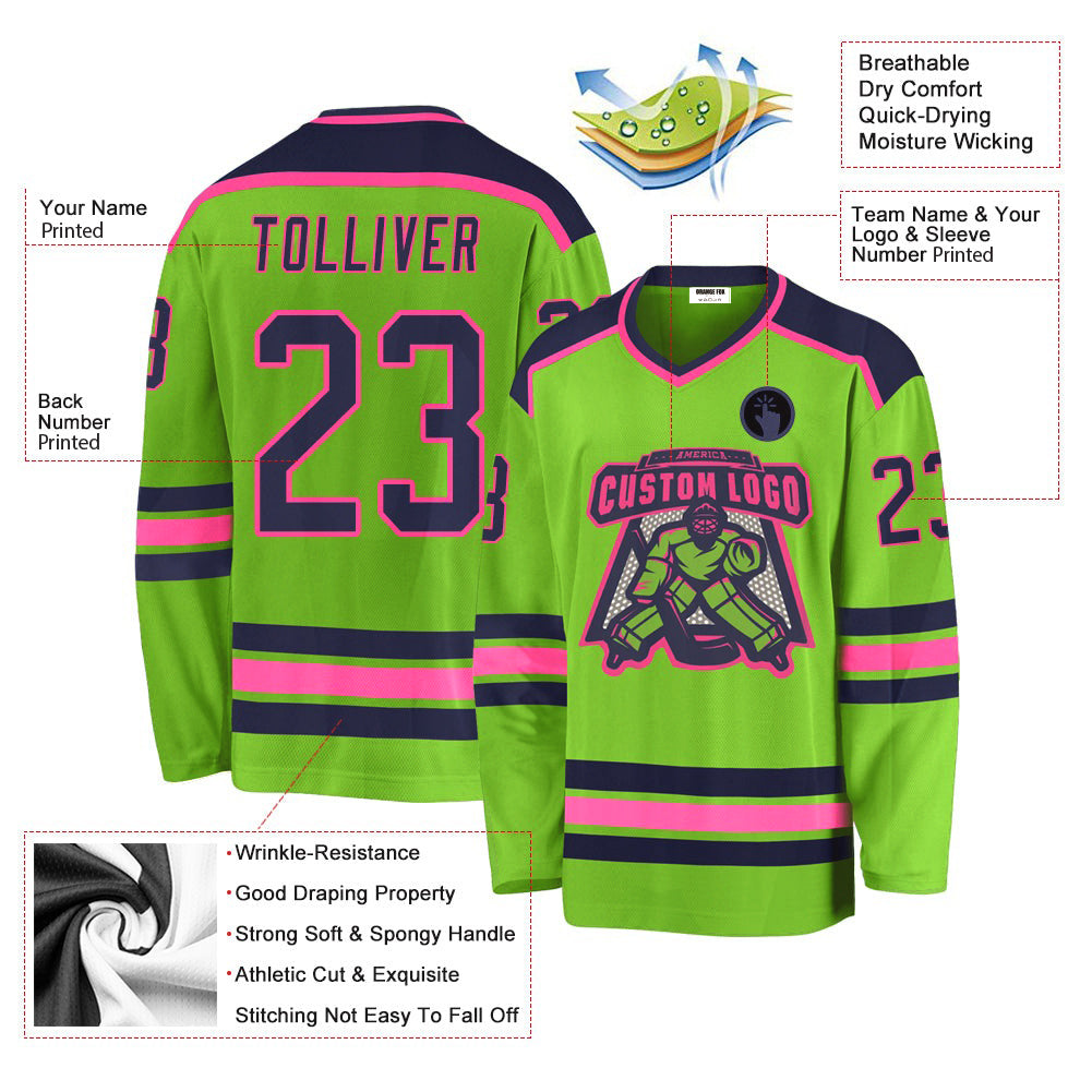 Custom Neon Green Navy-Pink V Neck Hockey Jersey For Men & Women