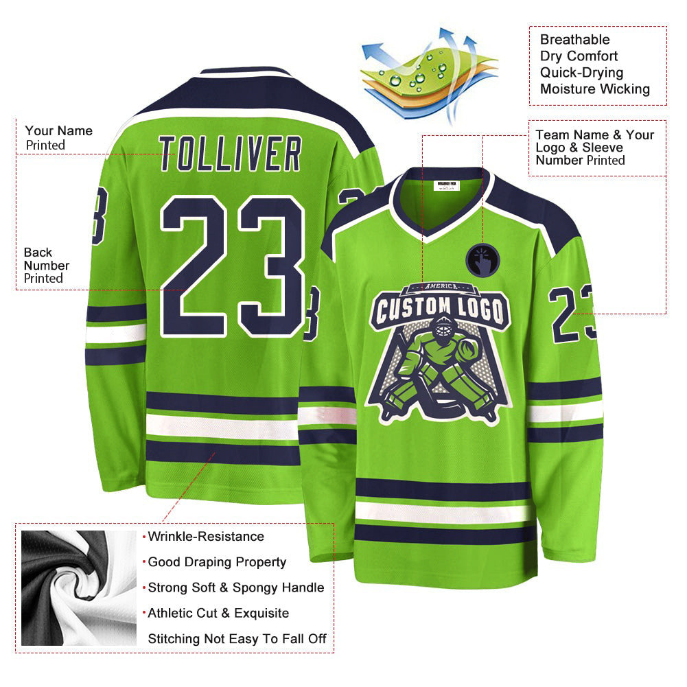 Custom Neon Green Navy-White V Neck Hockey Jersey For Men & Women