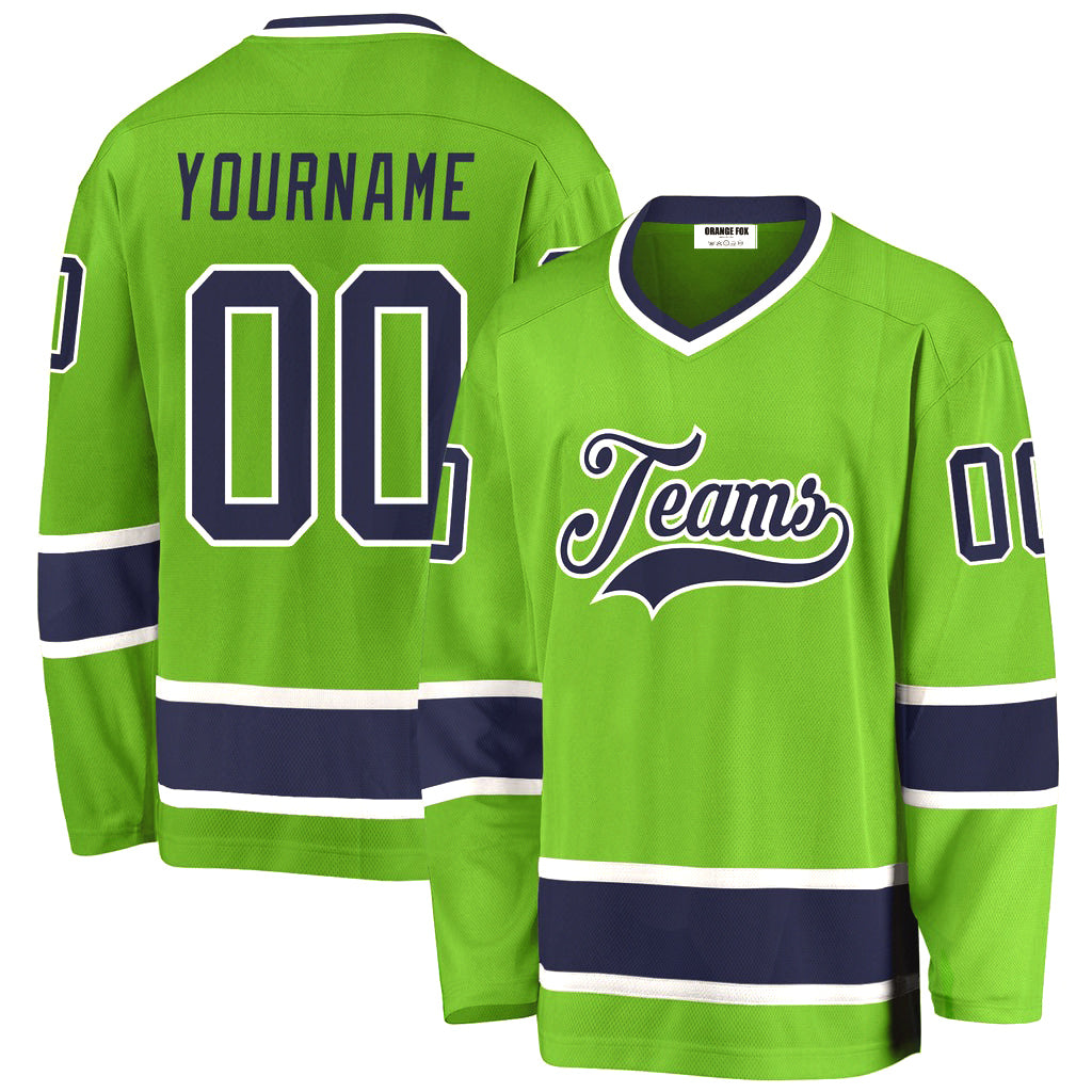 Custom Neon Green Navy-White V Neck Hockey Jersey For Men & Women