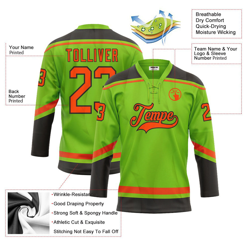 Custom Neon Green Orange-Black Neck Hockey Jersey For Men & Women