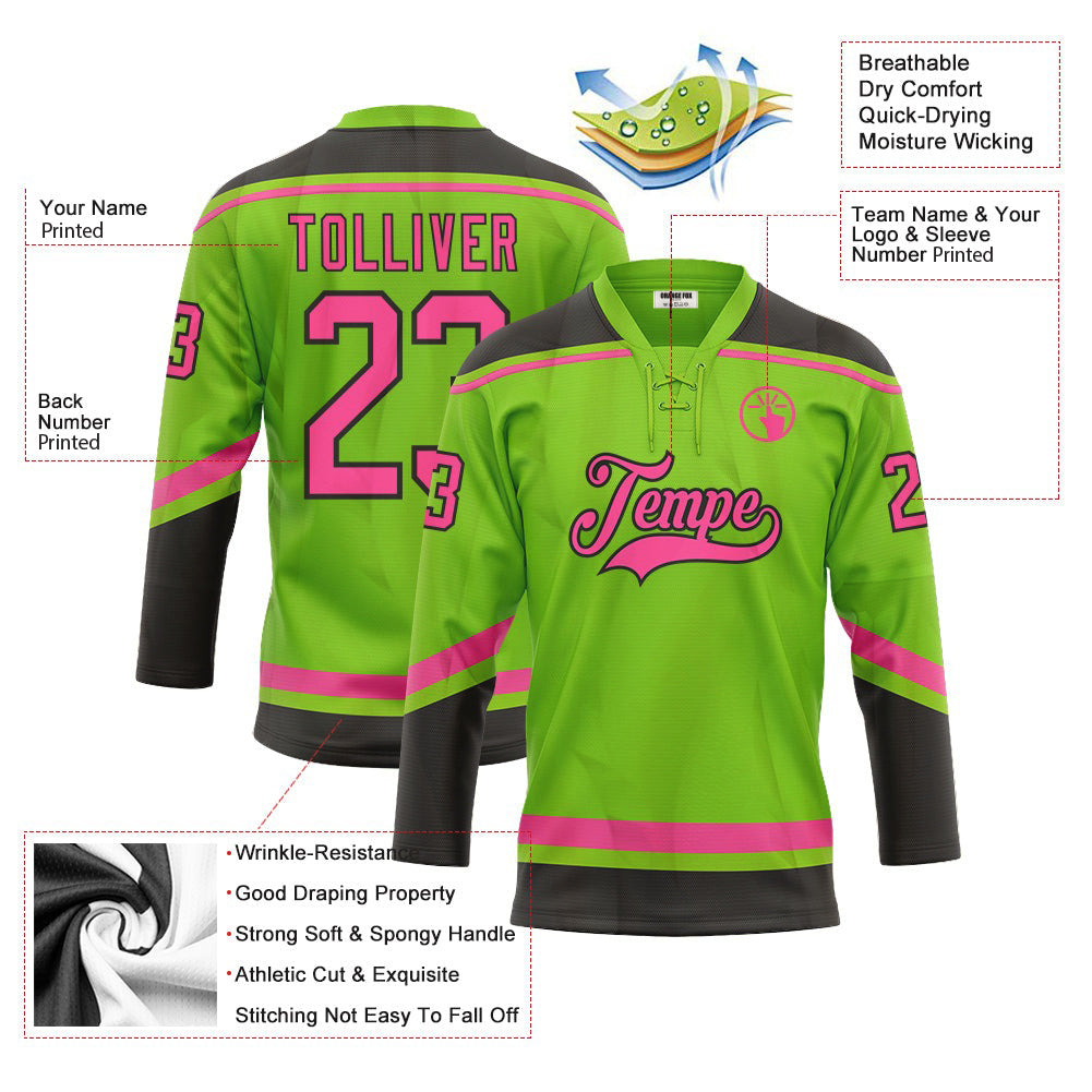 Custom Neon Green Pink-Black Neck Hockey Jersey For Men & Women