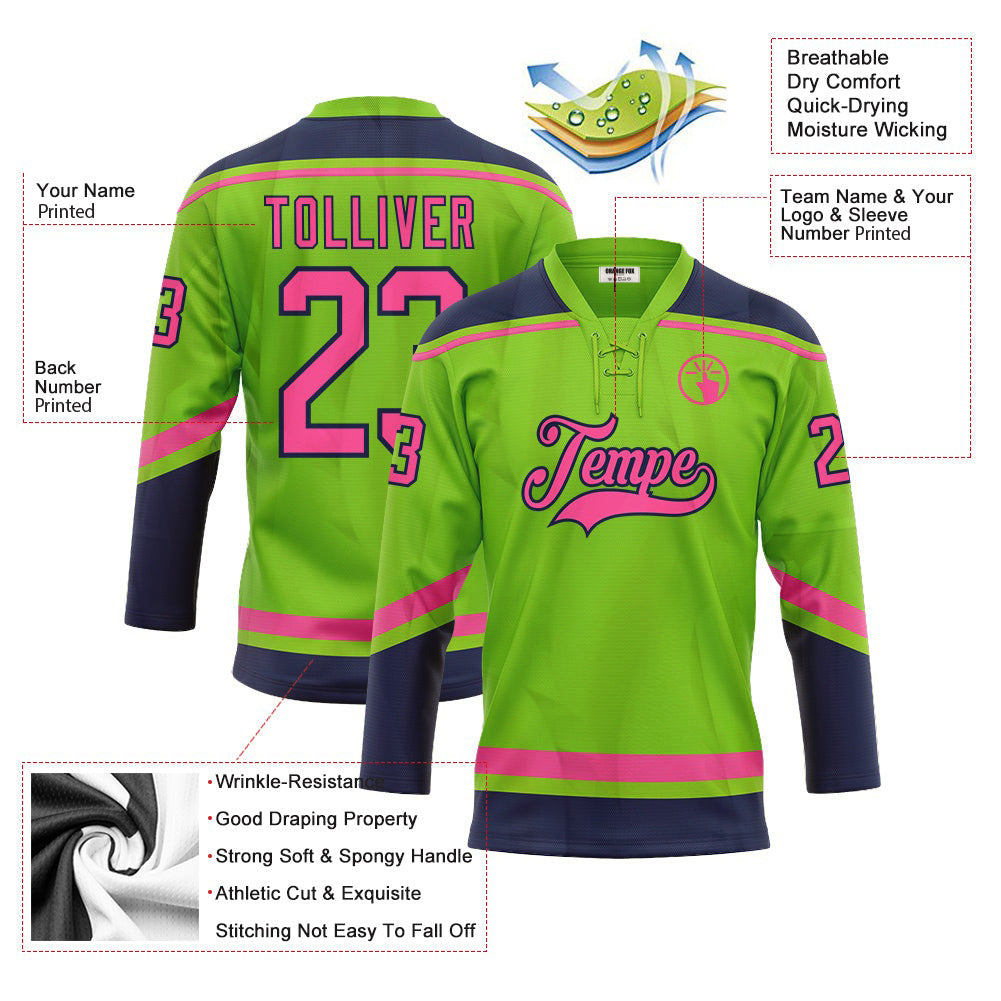 Custom Neon Green Pink-Navy Neck Hockey Jersey For Men & Women