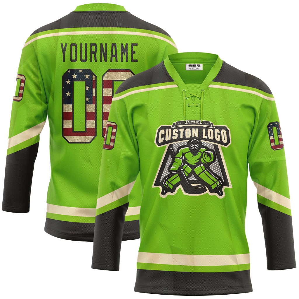 Custom Neon Green Vintage USA Flag Black-Cream Neck Hockey Jersey For Men & Women