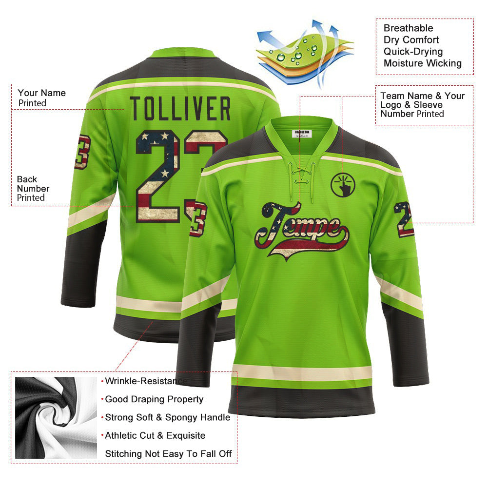 Custom Neon Green Vintage USA Flag Black-Cream Neck Hockey Jersey For Men & Women