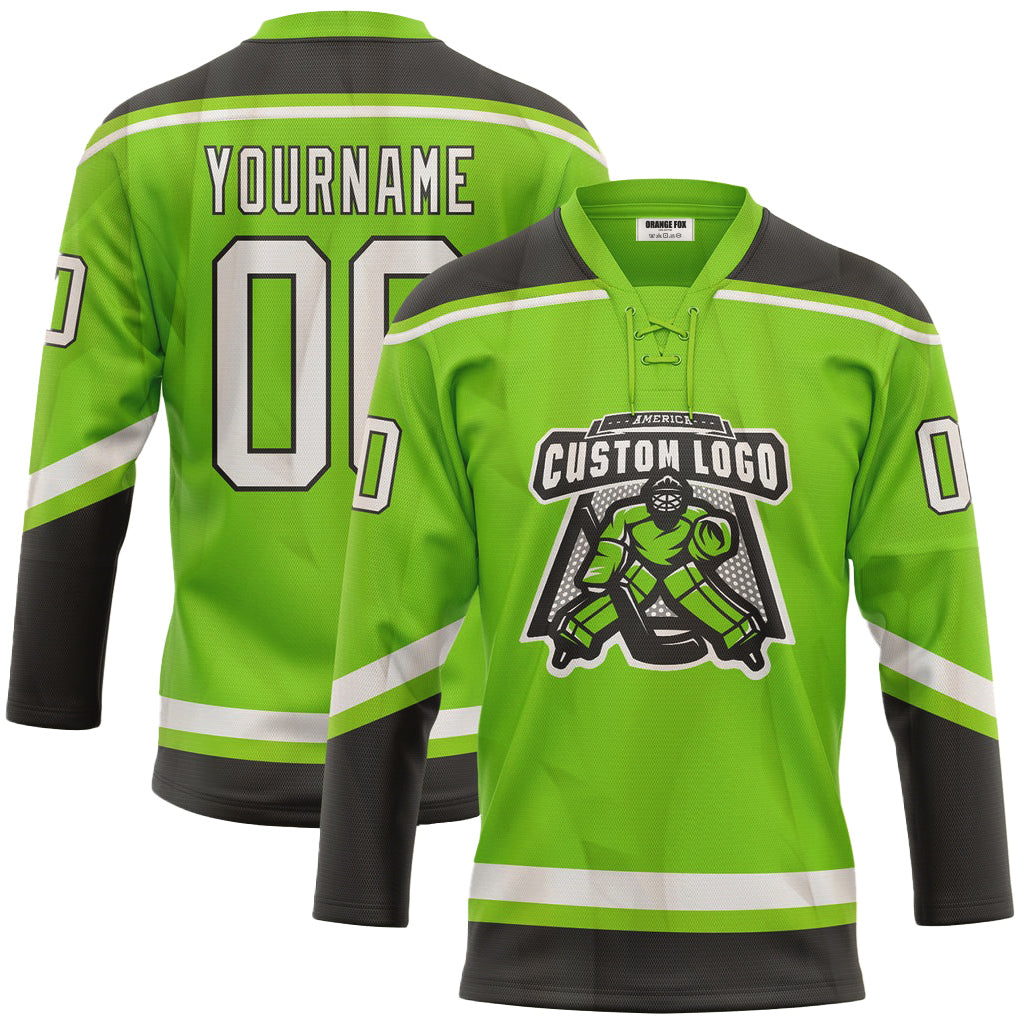 Custom Neon Green White-Black Neck Hockey Jersey For Men & Women