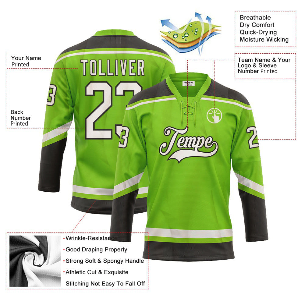 Custom Neon Green White-Black Neck Hockey Jersey For Men & Women