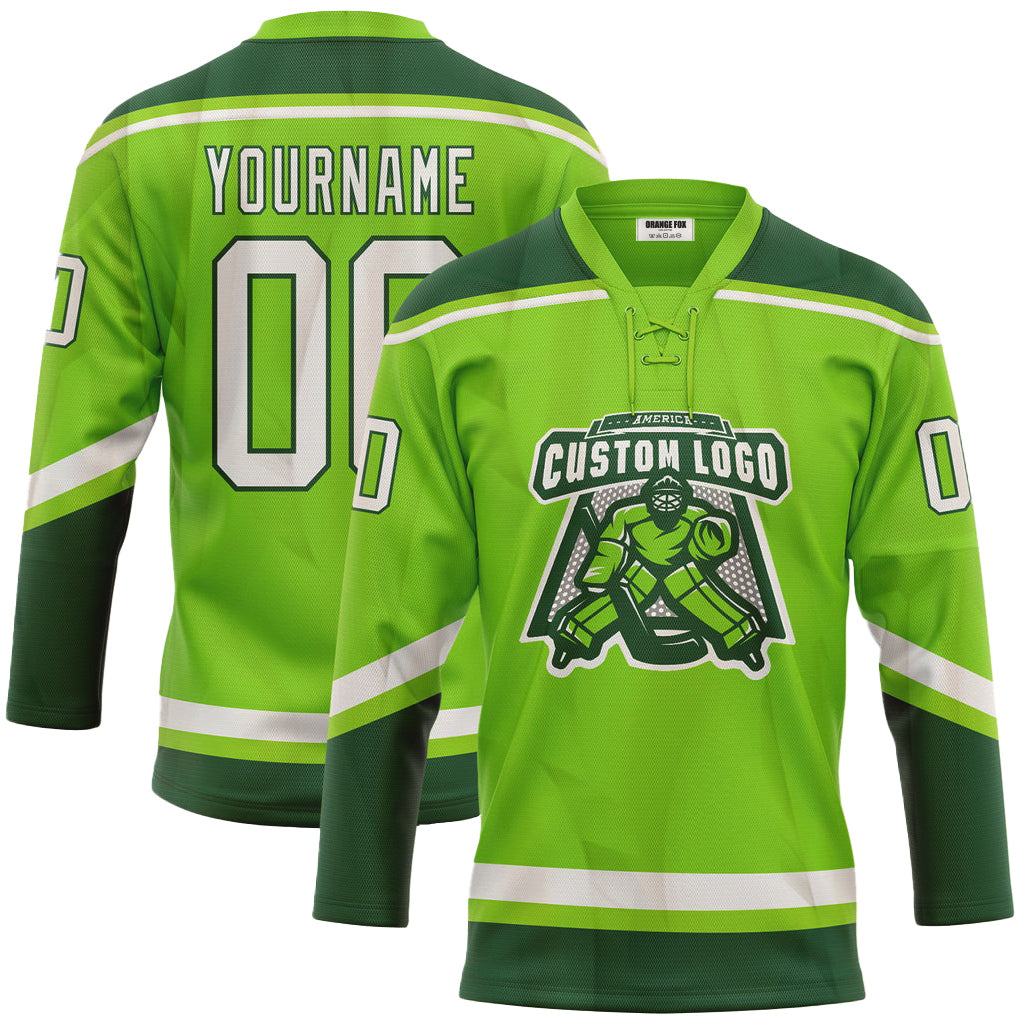 Custom Neon Green White-Green Neck Hockey Jersey For Men & Women