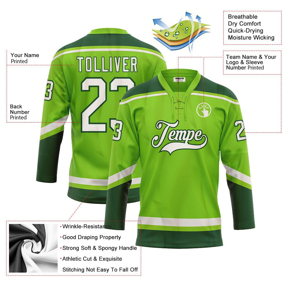 Custom Neon Green White-Green Neck Hockey Jersey For Men & Women