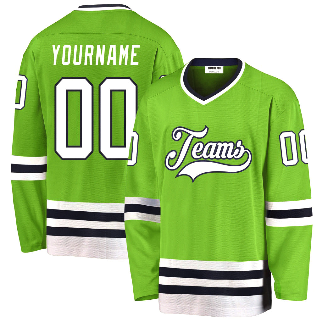 Custom Neon Green White-Navy V Neck Hockey Jersey For Men & Women