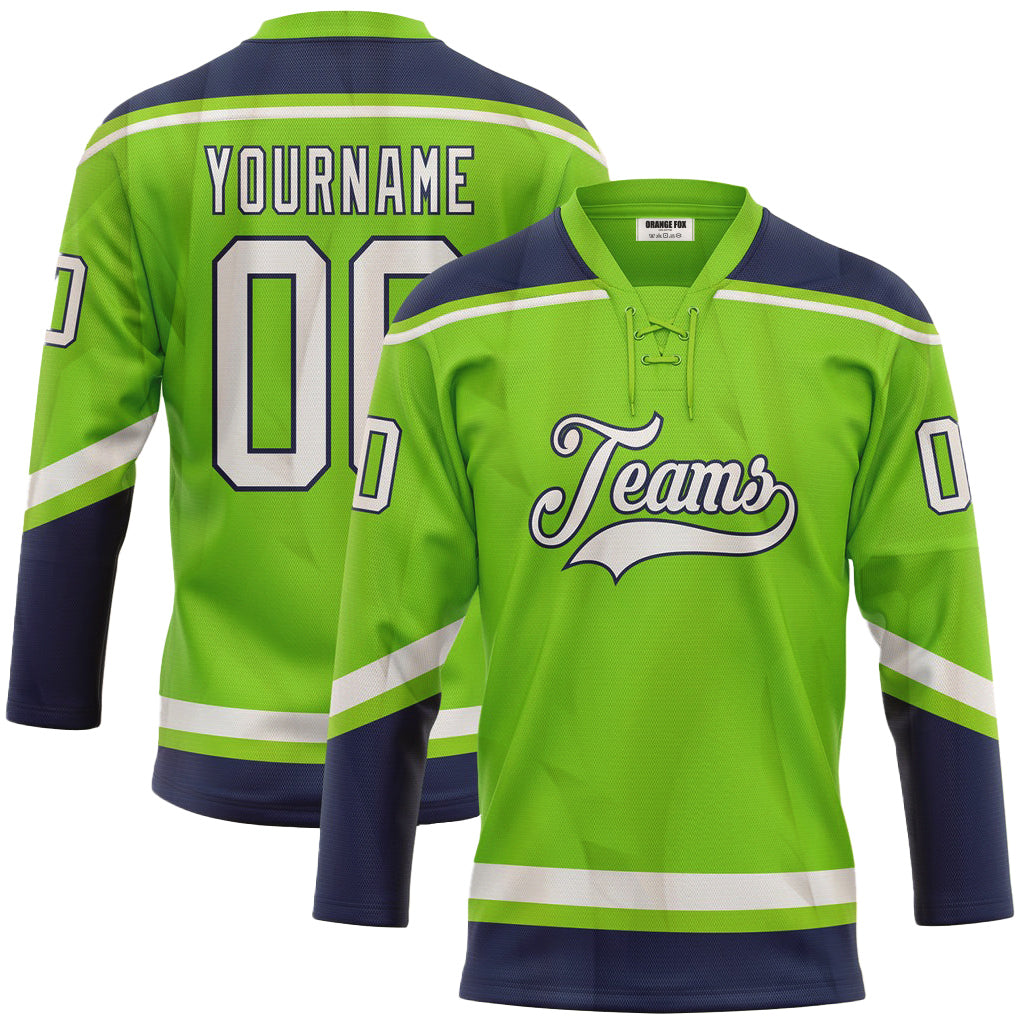 Custom Neon Green White-Navy Neck Hockey Jersey For Men & Women