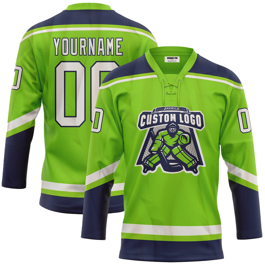 Custom Neon Green White-Navy Neck Hockey Jersey For Men & Women