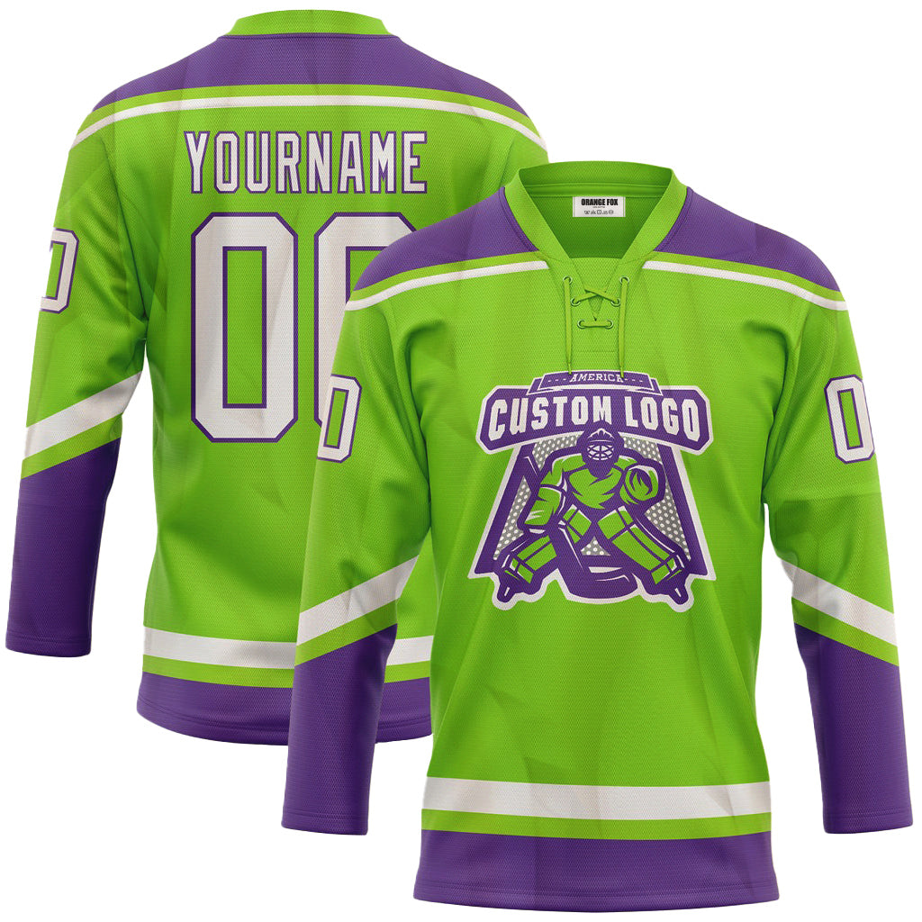 Custom Neon Green White-Purple Neck Hockey Jersey For Men & Women