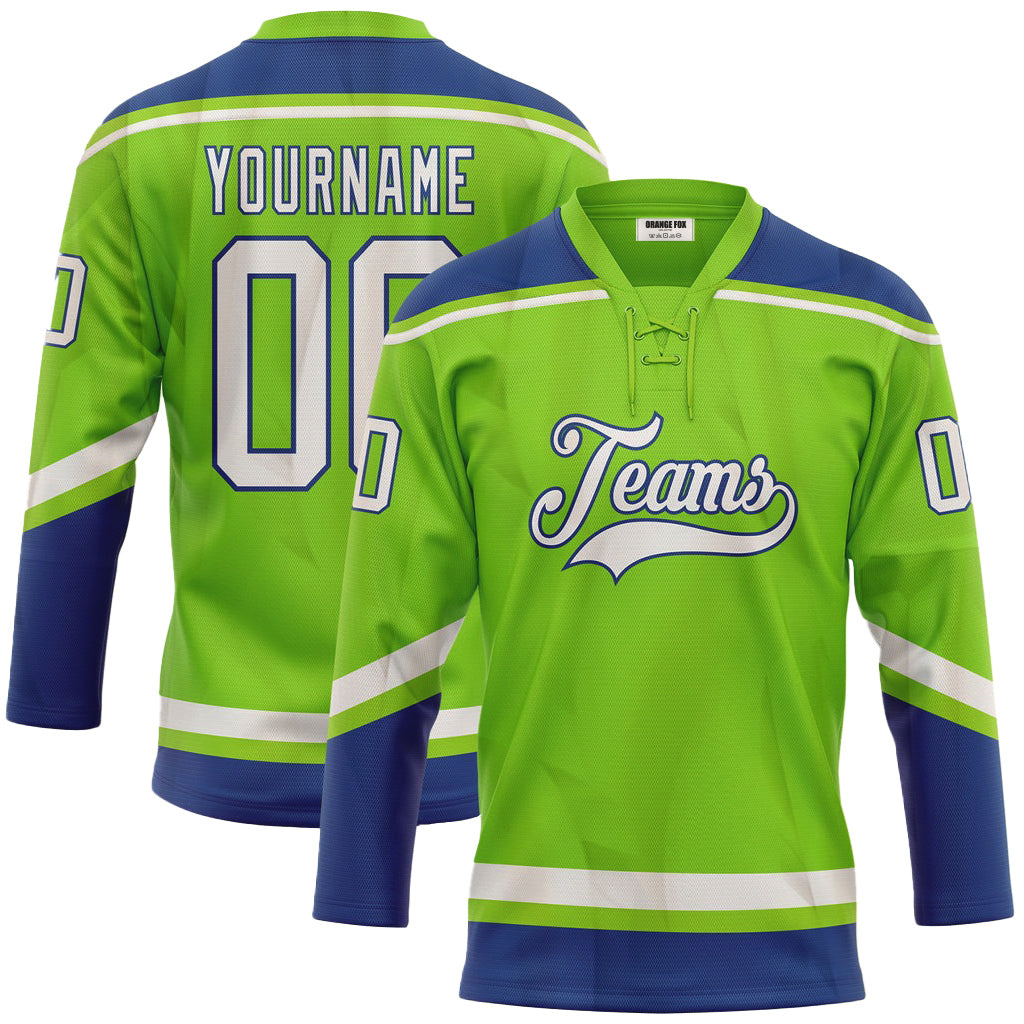 Custom Neon Green White-Royal Neck Hockey Jersey For Men & Women