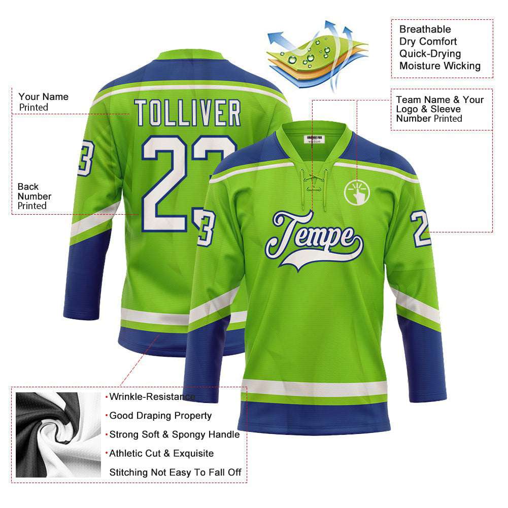 Custom Neon Green White-Royal Neck Hockey Jersey For Men & Women