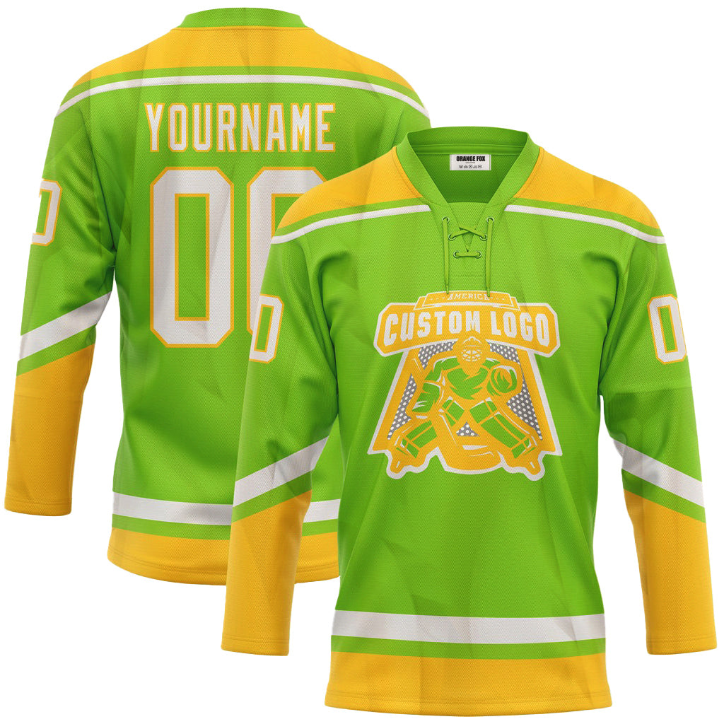 Custom Neon Green White-Yellow Neck Hockey Jersey For Men & Women