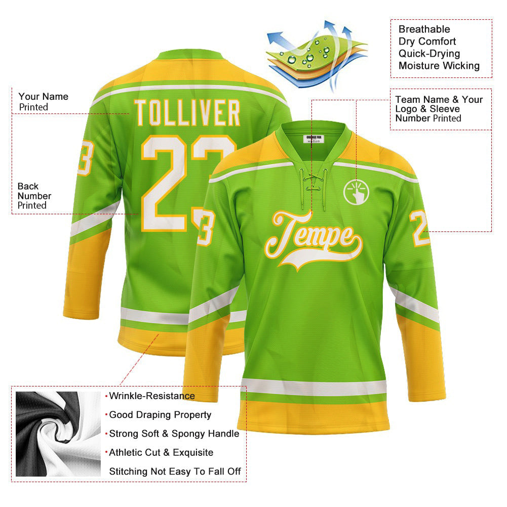 Custom Neon Green White-Yellow Neck Hockey Jersey For Men & Women